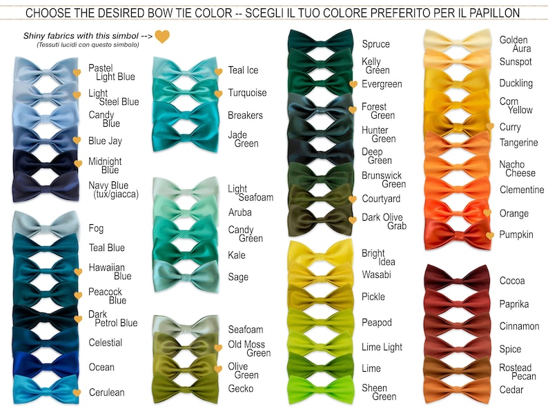 Puede incluir: Una tabla de colores de pajarita con nombres para cada color. Los colores est&aacute;n dispuestos en filas y columnas, cada color tiene un nombre diferente. Los colores incluyen teal ice, turquoise, breakers, jade green, light seafoam, aruba, candy green, kale, sage, seafoam, old moss green, olive green, gecko, spruce, kelly green, evergreen, forest green, hunter green, deep green, brunswick green, courtyard green, dark olive grab, bright idea, wasabi, pickle, peapod, lime light, lime, sheen green, golden aura, sunspot, duckling, corn yellow, curry, tangerine, nacho cheese, clementine, orange, pumpkin, cocoa, paprika, cinnamon, spice, rosted pecan, cedar.