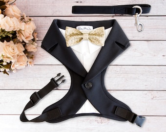 Black dog harness with leash, Dog wedding dress and leash set, dog wedding attire, ring bearer dog outfit, dog formal wear wedding