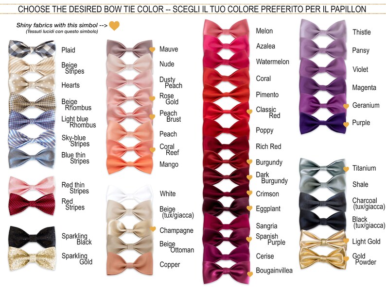 May include: A selection of bow ties in various colors and patterns, including plaid, stripes, and solid colors. The image displays a color chart with names like "Melon," "Burgundy," and "Black," and the text "Choose the desired bow tie color."