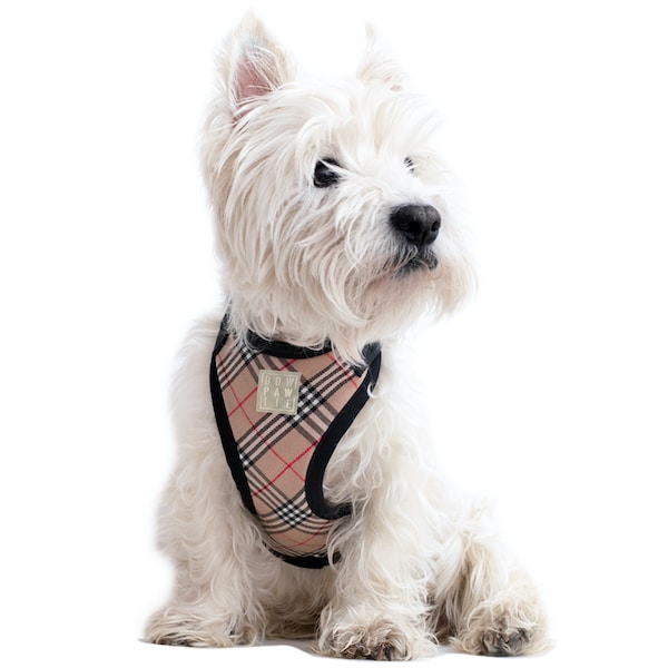 Tan Tartan dog harness for small to large dogs, Elegant dog harness for Christmas dog gift, plaid dog harness, soft dog harness