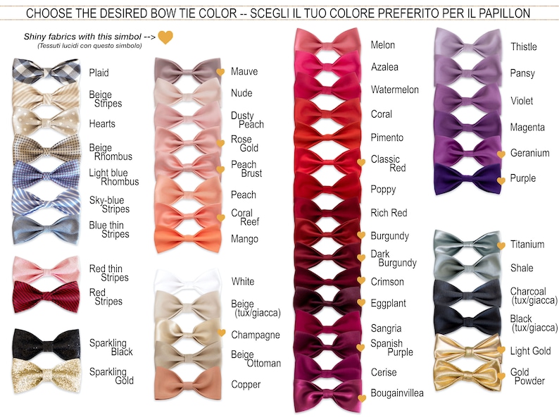 Puede incluir: Una tabla de colores de pajarita con una ilustraci&oacute;n de pajarita para cada color. Los colores est&aacute;n organizados por familia de colores, con los nombres de cada color listados debajo de la pajarita. El texto "CHOOSE THE DESIRED BOW TIE COLOR -- SCEGLI IL TUO COLORE PREFERITO PER IL PAPILLON" est&aacute; en la parte superior de la tabla.