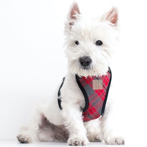 Red and Grey Tartan dog harness for small to large dogs, Elegant dog harness for Christmas dog gift, plaid dog harness, soft dog harness
