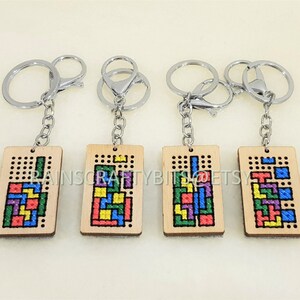 Brickgame Cross Stitch Wooden Keyring, Blockgame Key Chain, Handmade Accessory image 2