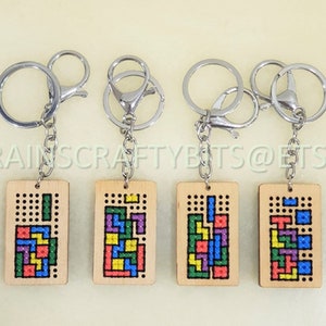 Brickgame Cross Stitch Wooden Keyring, Blockgame Key Chain, Handmade Accessory image 1