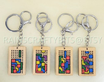 Brickgame Cross Stitch Wooden Keyring, Blockgame Key Chain, Handmade Accessory