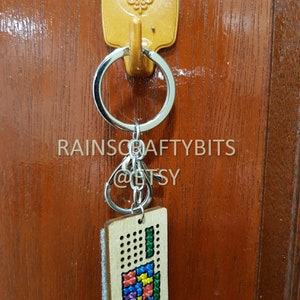 Brickgame Cross Stitch Wooden Keyring, Blockgame Key Chain, Handmade Accessory image 6