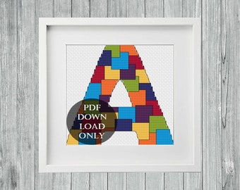 Alphabet Cross Stitch PDF Pattern, Initial A Letter, Beginner Pattern, Rainbow, Modern Fibre Art, Digital Files, Instant Download Only