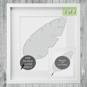 May include: A black and white cross-stitch pattern of a feather, framed in a white frame. The text "PDF DOWNLOAD ONLY" is on the left side of the image. The text "BONUS 2ND PATTERN" is on the right side of the image. The image is labeled "1 of 4".
