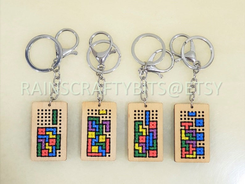 Brickgame Cross Stitch Wooden Keyring, Blockgame Key Chain, Handmade Accessory image 1