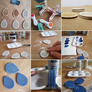 May include: A collection of teardrop-shaped wooden craft pieces in various stages of completion. Some are unfinished, others painted in shades of brown, white, and blue. Tools like paint palettes, sandpaper, and paintbrushes are also visible, suggesting a DIY craft project.