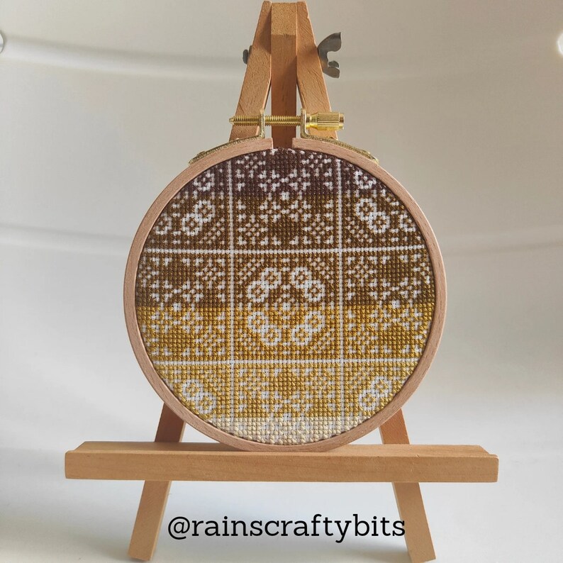 Square Tiles Cross Stitch 4 inch Hoop Art, Handmade Decorative Gift Item For Display Flower Motif