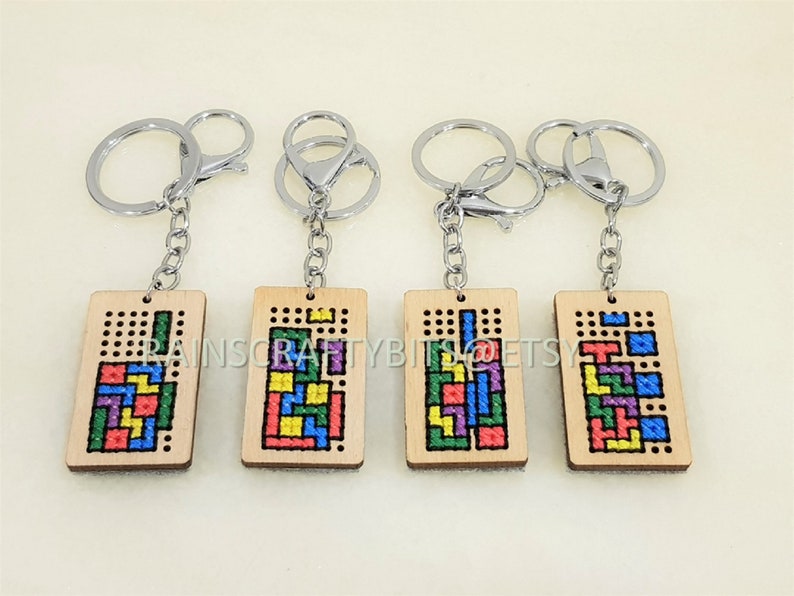 Brickgame Cross Stitch Wooden Keyring, Blockgame Key Chain, Handmade Accessory image 2