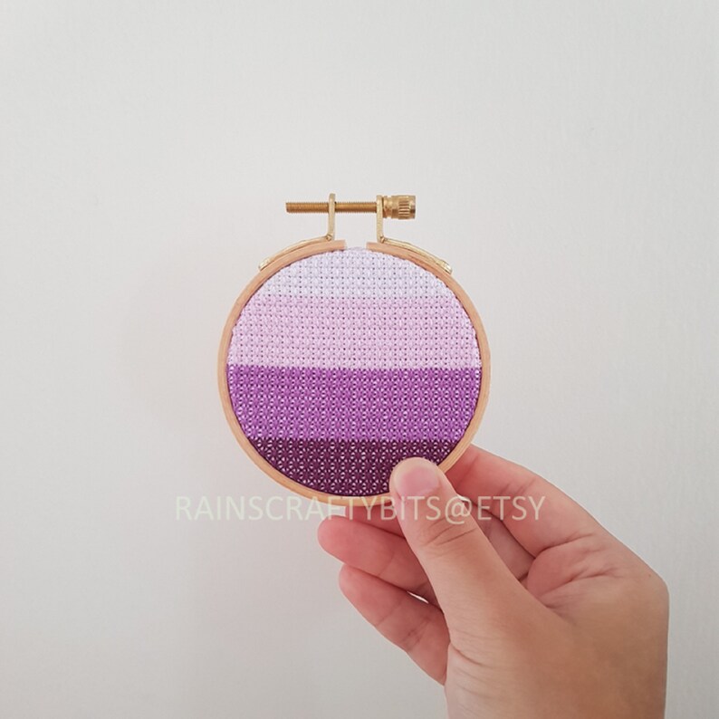 Geometric Cross Stitch 3 inch Hoop Art, Handmade Decorative Gift Item For Display Violet