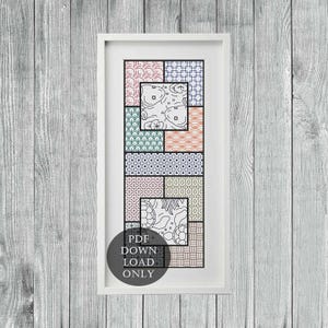 Può includere: Un download digitale di uno schema di punto croce con un design geometrico con vari motivi e colori, tra cui rosso, blu, verde e giallo. Lo schema è incorniciato in una cornice bianca e il testo "PDF DOWNLOAD ONLY" è visibile nell'angolo in basso a sinistra.