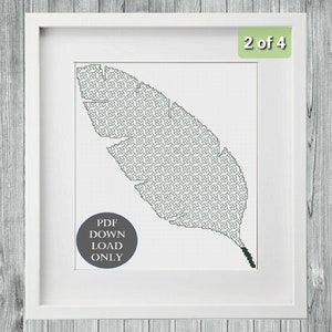 May include: A black and white cross stitch pattern of a feather in a white frame. The frame has a white mount and a label that says "PDF Download Only".