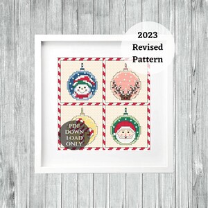 Christmas Cross Stitch PDF Pattern, Ornament Balls, Snowman, Reindeer, Santa Claus, Modern Fibre Art, Digital Files, Instant Download Only