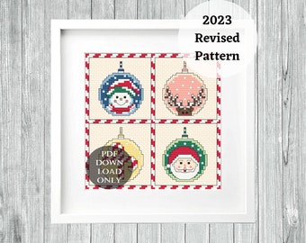Christmas Cross Stitch PDF Pattern, Ornament Balls, Snowman, Reindeer, Santa Claus, Modern Fibre Art, Digital Files, Instant Download Only