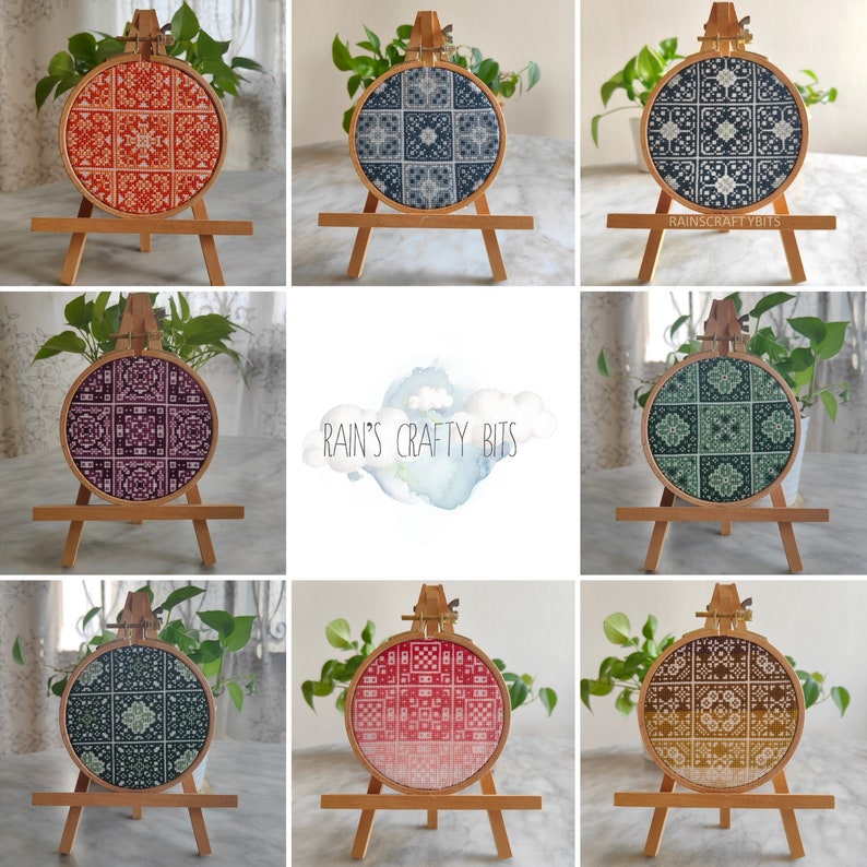 Square Tiles Cross Stitch 4 inch Hoop Art, Handmade Decorative Gift Item For Display image 1