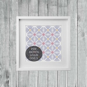 May include: A white frame with a blue and white geometric pattern inside. The pattern is made up of repeating circles and squares. The text "PDF DOWNLOAD ONLY" is in a black circle in the lower left corner of the image.