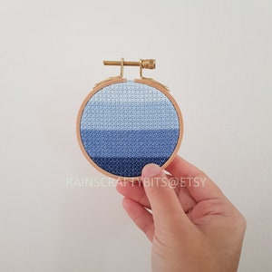 Geometric Cross Stitch 3 inch Hoop Art, Handmade Decorative Gift Item For Display Blue