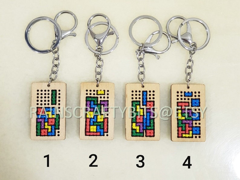 Brickgame Cross Stitch Wooden Keyring, Blockgame Key Chain, Handmade Accessory image 8