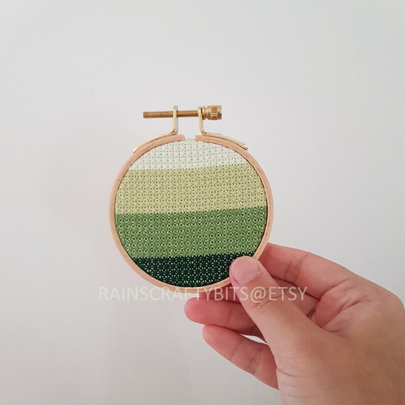 Geometric Cross Stitch 3 inch Hoop Art, Handmade Decorative Gift Item For Display Green