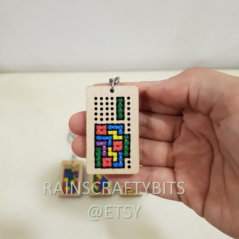 Brickgame Cross Stitch Wooden Keyring, Blockgame Key Chain, Handmade Accessory image 3