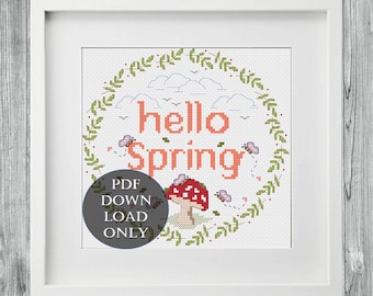 Hello Spring Cross Stitch Pattern, Nature, Spring Season, Leaf Wreath, Modern Fibre Art (PDF Download)
