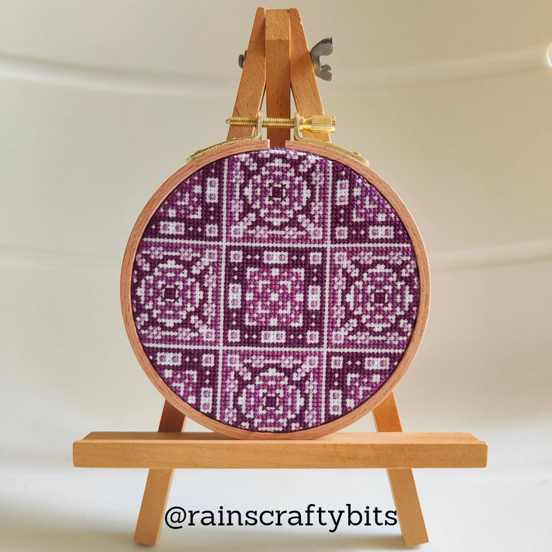 Square Tiles Cross Stitch 4 inch Hoop Art, Handmade Decorative Gift Item For Display Grapevine Bubble