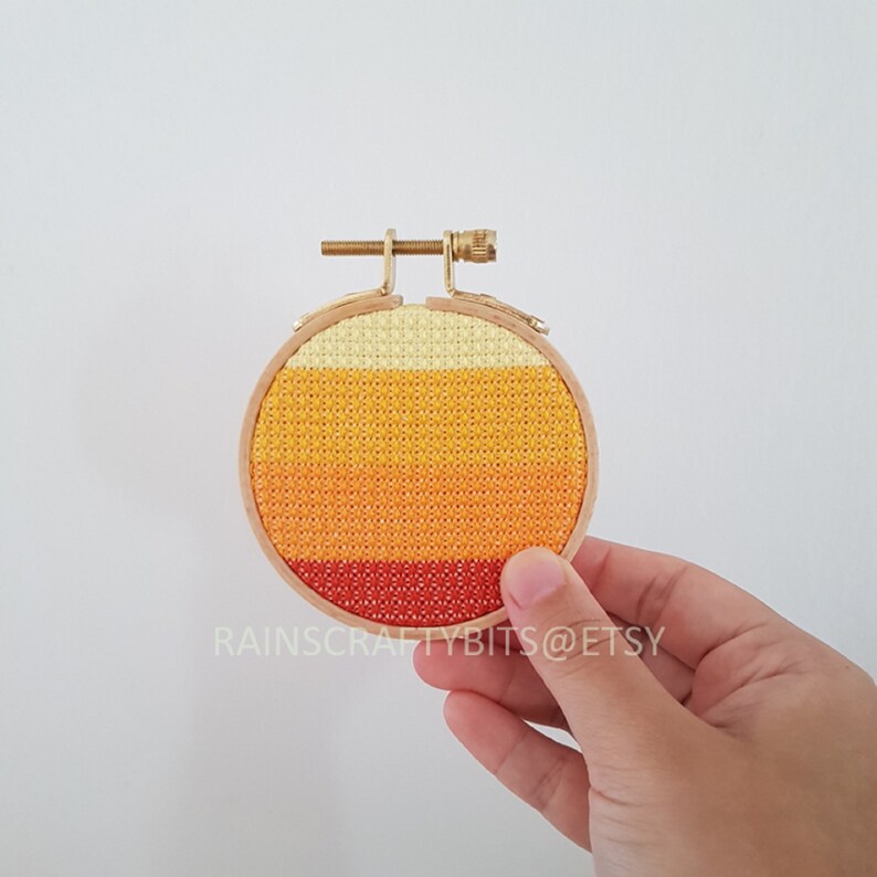 Geometric Cross Stitch 3 inch Hoop Art, Handmade Decorative Gift Item For Display Orange Yellow