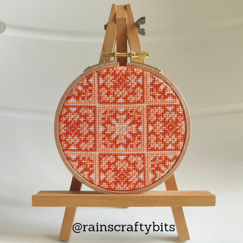 Square Tiles Cross Stitch 4 inch Hoop Art, Handmade Decorative Gift Item For Display Burnt Tangerine