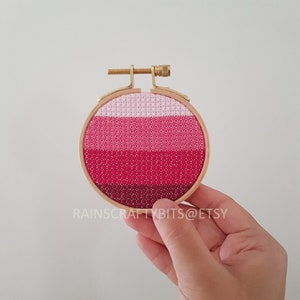 Geometric Cross Stitch 3 inch Hoop Art, Handmade Decorative Gift Item For Display Red