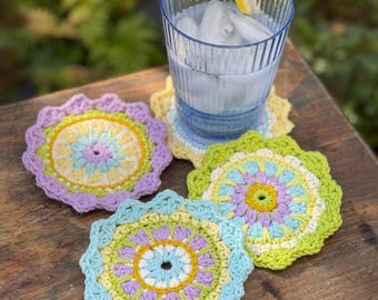 Handmade Crochet Coaster (Set of 4): Flower Coaster or Mug Rug for Cottagecore Decor