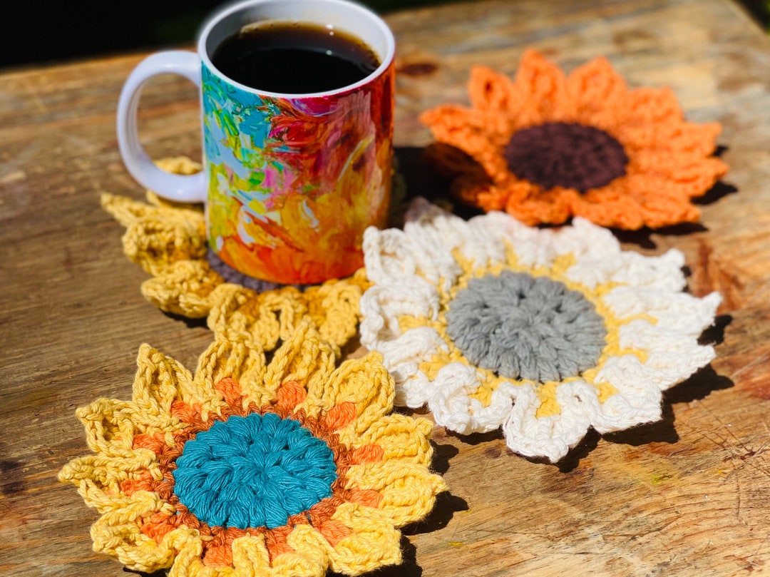 Crochet Sunflowers Cute Coasters Handmade Gift Colorful Etsy