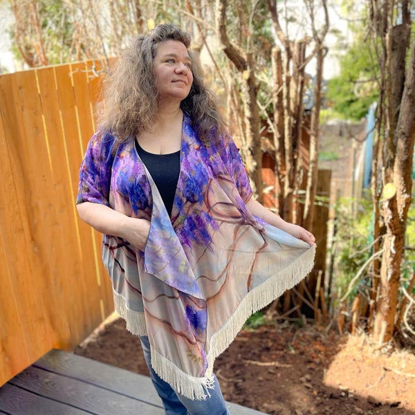 Purple Wisteria Capelet Shrug Shawl Beach Kimono Cardigan Ruana Cover Up Loungewear: Silk or Chiffon, Cottagecore Boho Eclectic Gift for Her