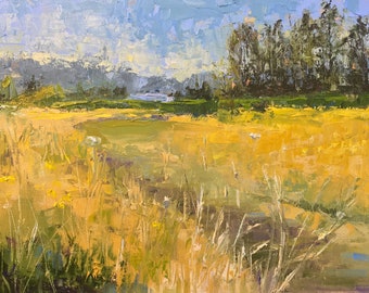 Meadow in Summer Afternoon: Original Impressionist Landscape Oil Painting 8x16 inches - Summer Home Decor, Blue and Yellow Wall Art