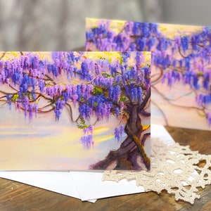 Glyzinien Mini Kunst Drucke Grußkarten Set | Cottagecore Dekor, Wandkunst, Schreibtischdekoration, Regaldekor violette Blumen botanischer Druck