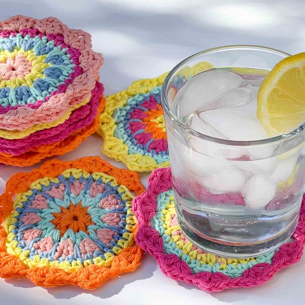 Cute Coasters Handmade Crochet Mandala Doilies | Mug Rug Coaster Set of 4 in Colorful 100% Cotton for Drink, Beverage, Coffee & Decor