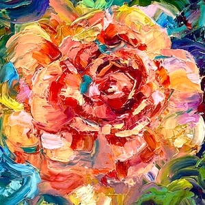Rose Painting Flower Art of Orange Rose, 5x5 inches Original Oil Painting Impasto Painted with a Palette Knife