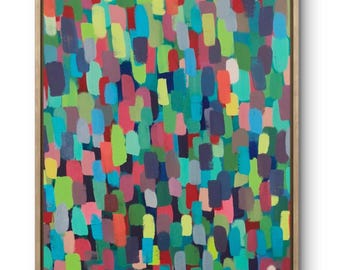 May include: Abstract painting with a colorful, textured pattern of green, blue, red, and pink brushstrokes.