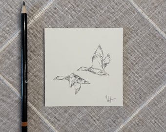 Original MALLARD DUCK Drawing, Fine Art, Vintage, Wildlife Art, 4x4
