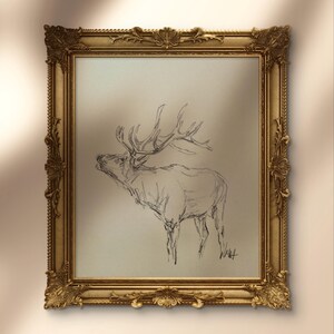 May include: A framed black and white pencil sketch of an elk with large antlers. The elk is facing to the left and is drawn in a realistic style. The frame is gold and ornate.