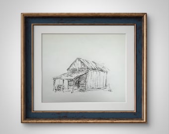 Dibujo original de TOBACCO BARN, Bellas Artes, Minimalista, Vintage