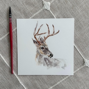 Original BUCK DEER Watercolor Painting, Fine Art, Vintage, Wildlife Art, 6x6 inch