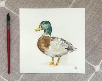 Original DUCK Watercolor Painting, Fine Art, Vintage, Wildlife Art, 8x8 inch