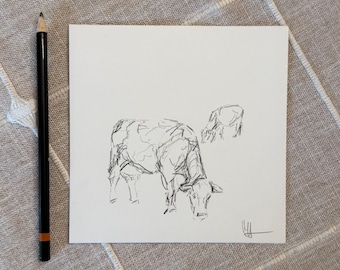 Original Small COW Drawing, Fine Art, Vintage, Minimalist Wildlife Art, 6x6