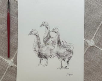 Original Black and White Duck Mixed Media Painting, Fine Art, Vintage, 8x10
