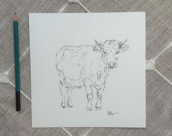 Original COW Drawing, Fine Art, Vintage, Minimalist Wildlife Art, 8x8