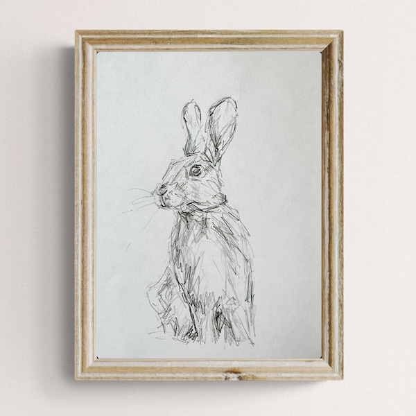 Originele potloodtekening van Bunny, Fine Art, Bunny Print, minimalistische muurkunst, vintage muurkunst, Bunny kunst aan de muur