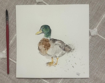 Original DUCK Watercolor Painting, Fine Art, Vintage, Wildlife Art, 8x8 inch